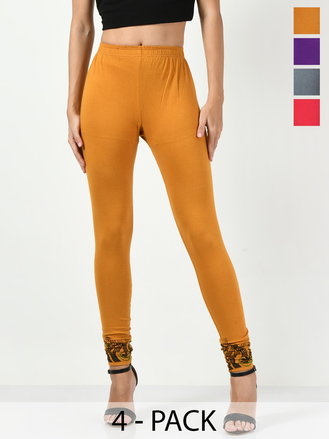 

BAESD Pack Of 4 Slim-Fit Printed Churidar-Length Cotton Lycra Leggings, Mustard