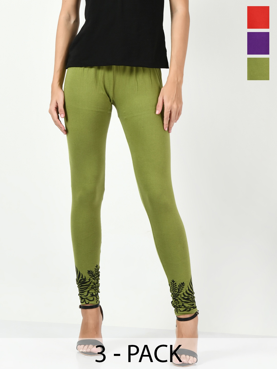 

BAESD Pack Of 3 Floral Printed Hem Detail Slim-Fit Ankle-Length Leggings, Olive