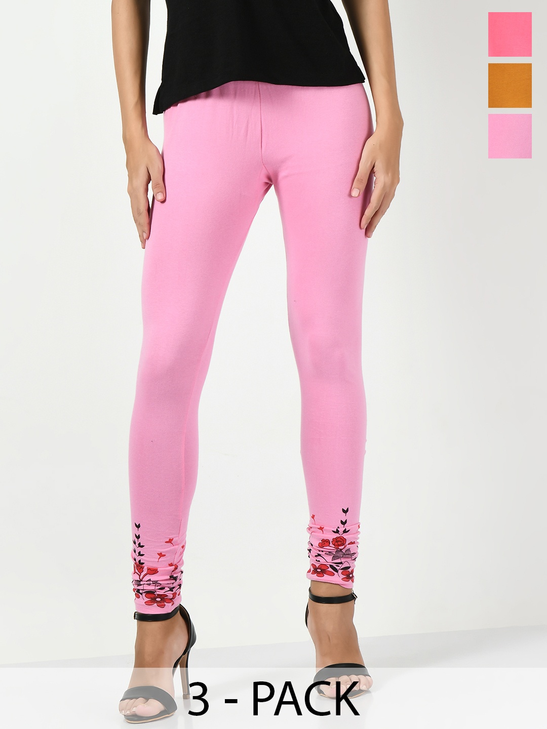 

BAESD Pack Of 3 Printed Slim-Fit Soft Churidar-Length Leggings, Pink