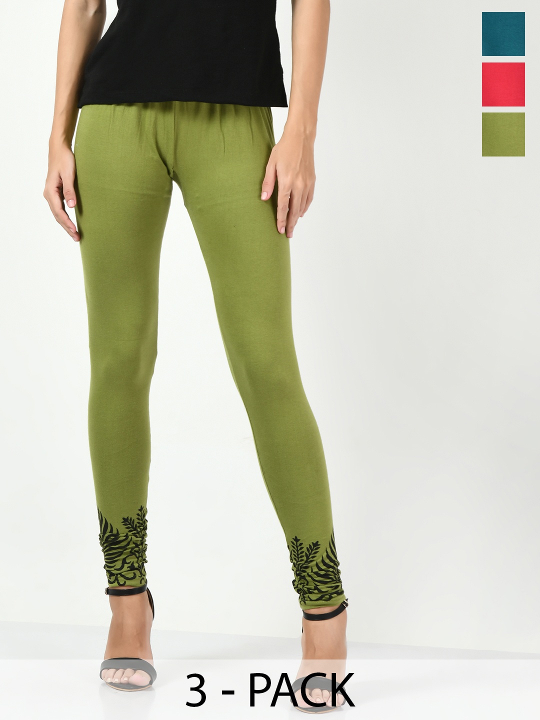 

BAESD Pack Of 3 Floral Printed Hem Detail Slim-Fit Churidar-Length Leggings, Green