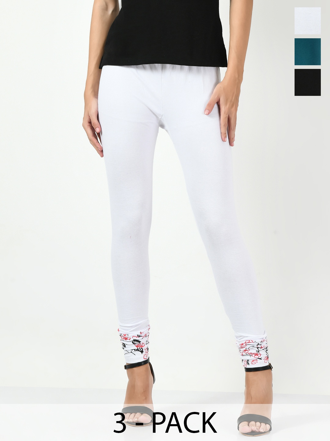 

BAESD Pack Of 3 Floral Printed Soft & Comfortable Slim-Fit Cotton Lycra Leggings, White