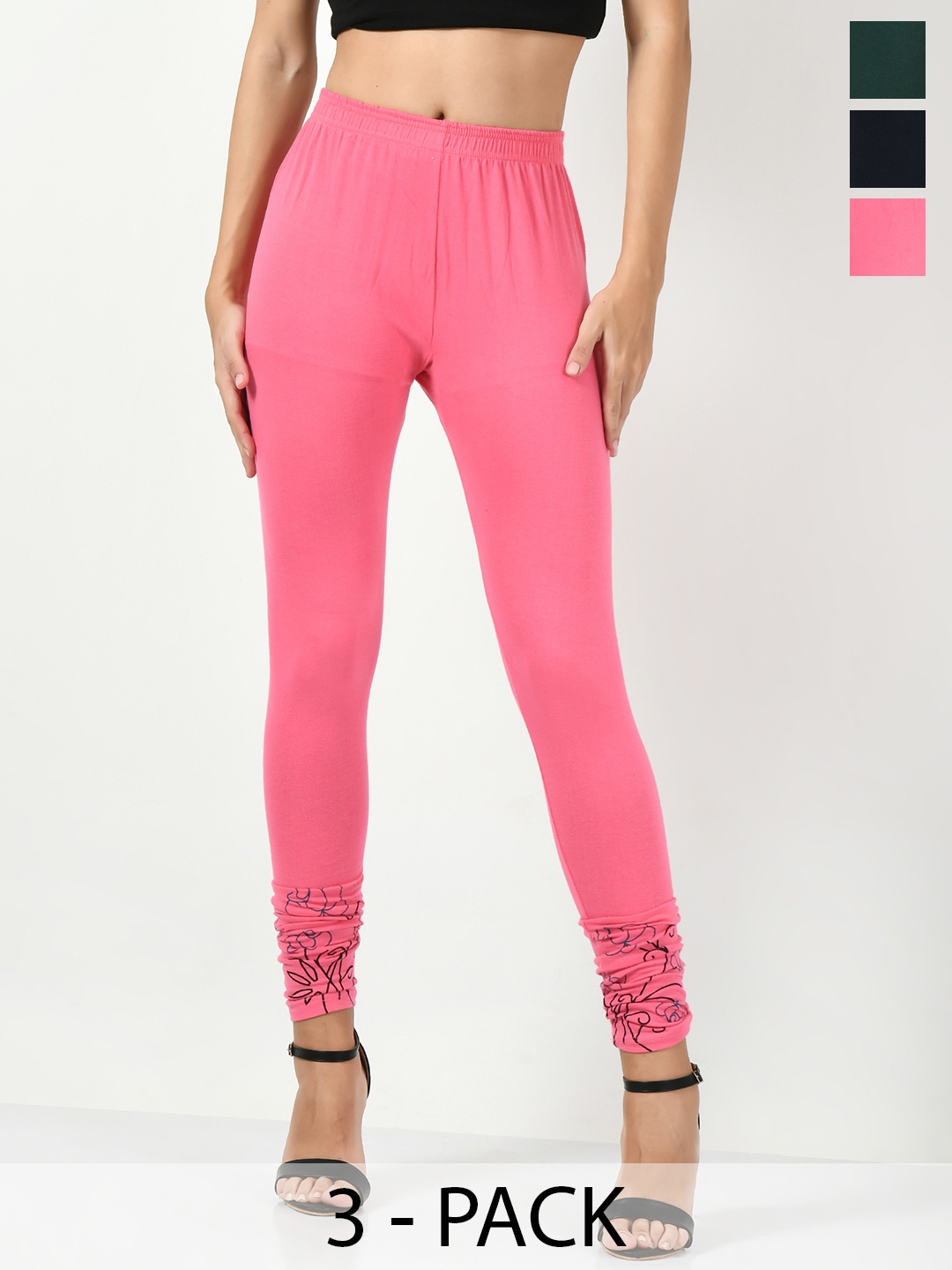 

BAESD Pack Of 3 Printed Slim-Fit Churidar-Length Leggings, Pink