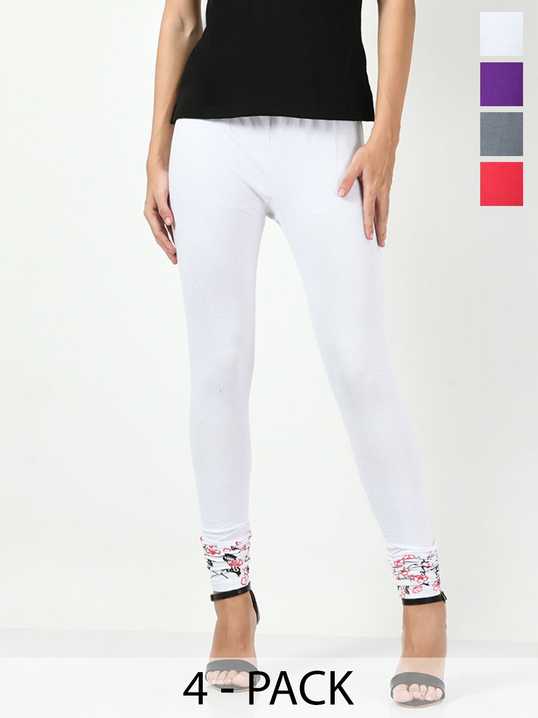 

BAESD Women Pack Of 4 Printed Churidar-Length Leggings, White
