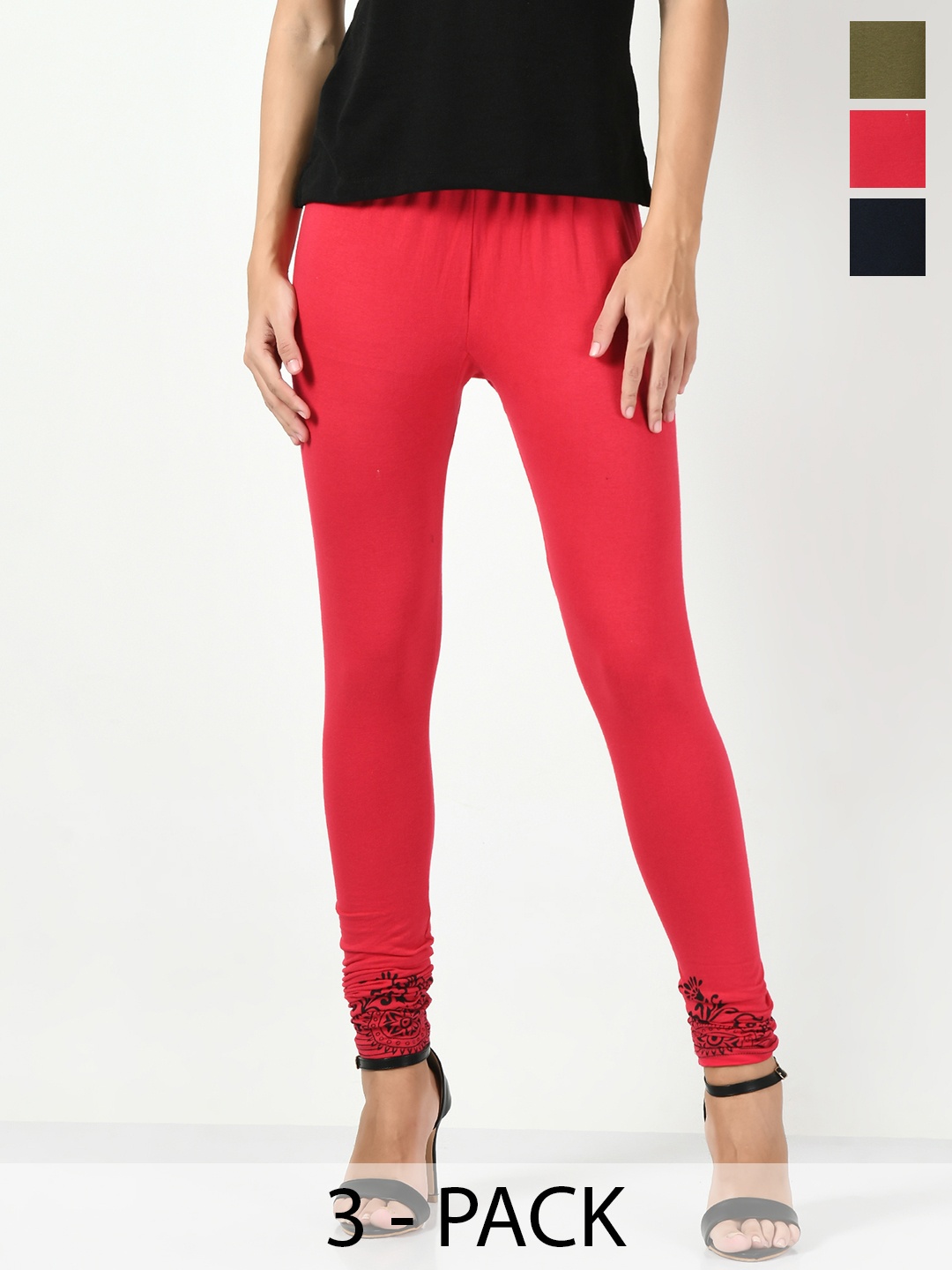 

BAESD Pack Of 3 Churidar Length Soft Cotton Lycra Leggings, Red