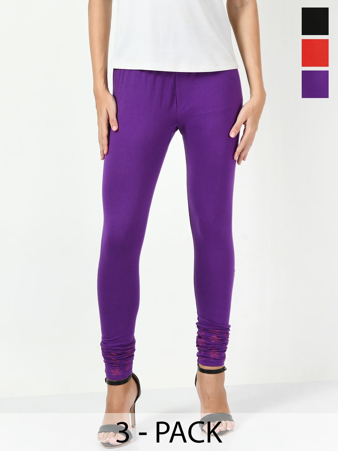 

BAESD Women Pack Of 3 Printed Hem Detail Slim-Fit Chiridar-Length Leggings, Purple