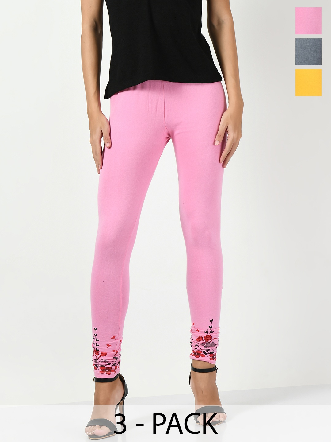 

BAESD Pack Of 3 Printed Slim-Fit Soft Churidar-Length Leggings, Pink