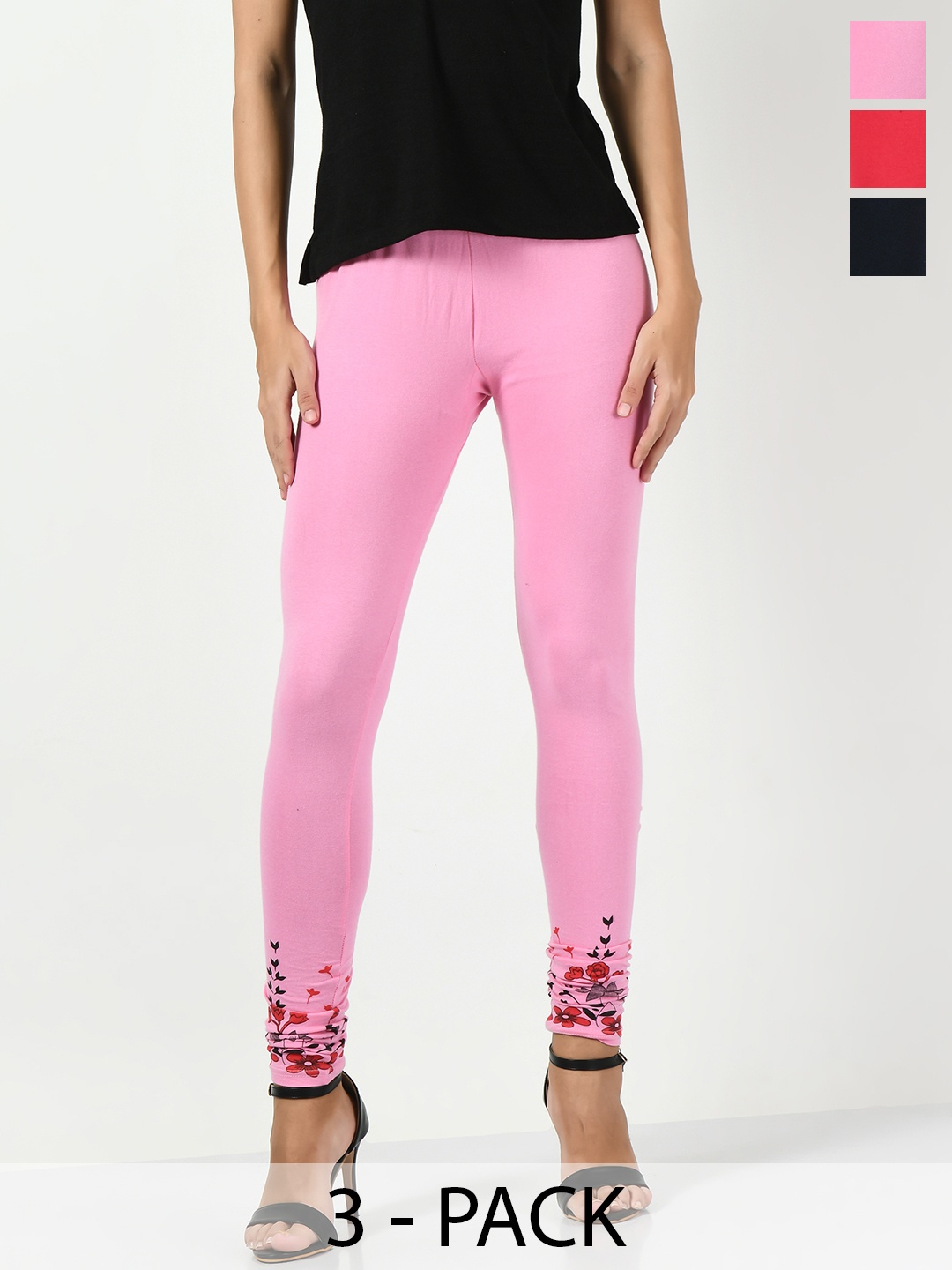 

BAESD Pack Of 3 Printed Soft Cotton Lycra Churidar-Length Leggings, Pink