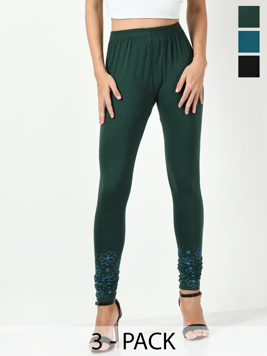 

BAESD Pack Of 3 Printed Slim-Fit Churidar-Length Leggings, Teal