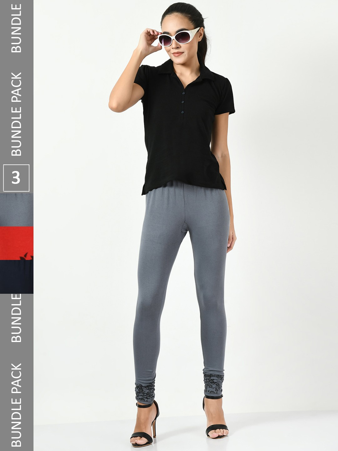 

BAESD Pack Of 3 Printed Hem Detail Slim-Fit Ankle-Length Leggings, Navy blue
