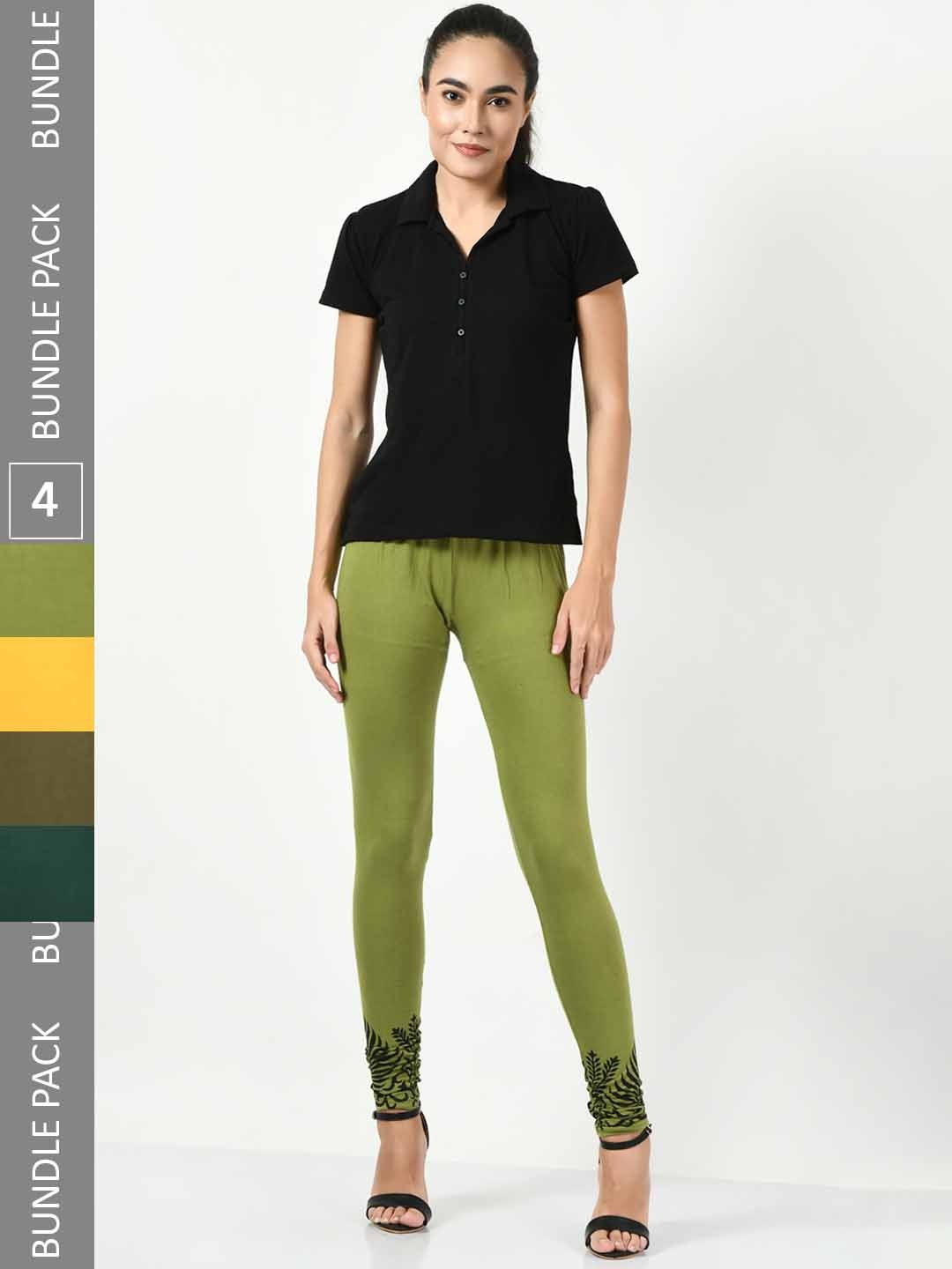 

BAESD Pack Of 4 Printed Cotton Lycra Slim Fit Ankle Length Leggings, Green