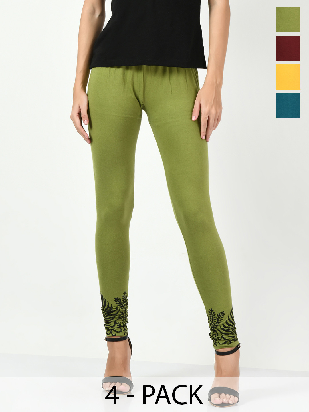 

BAESD Pack Of 4 Printed Hem Detail Slim-Fit Ankle-Length Cotton Lycra Leggings, Maroon