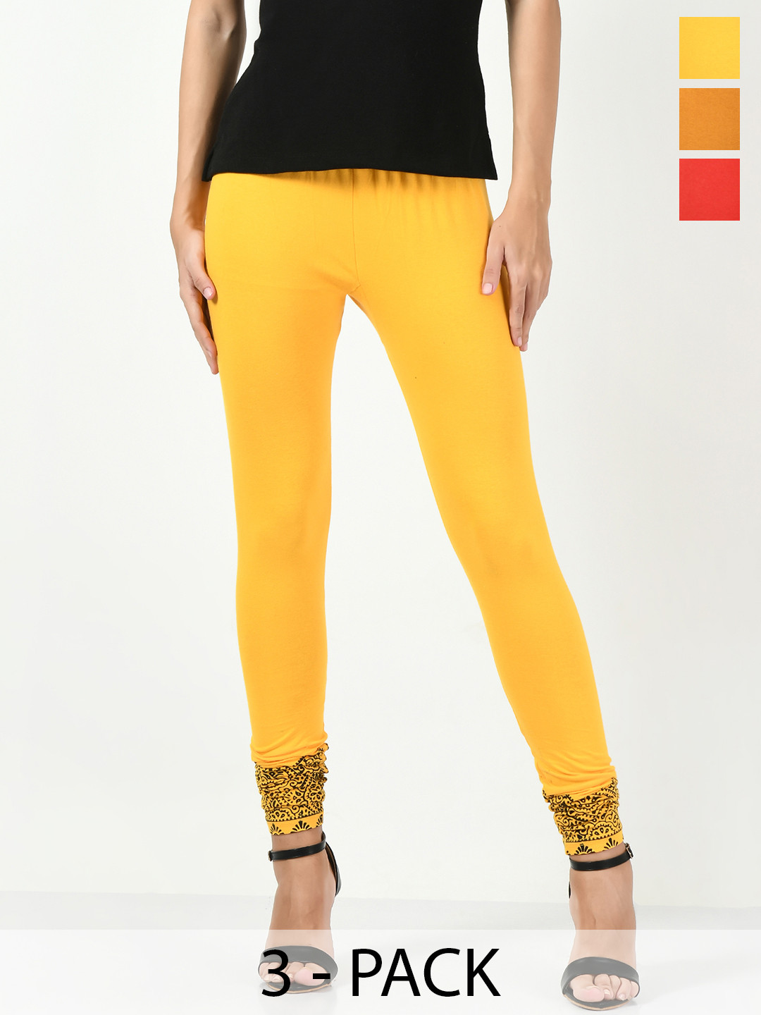 

BAESD Pack Of 3 Printed Detail Churidar-length Cotton Leggings, Mustard