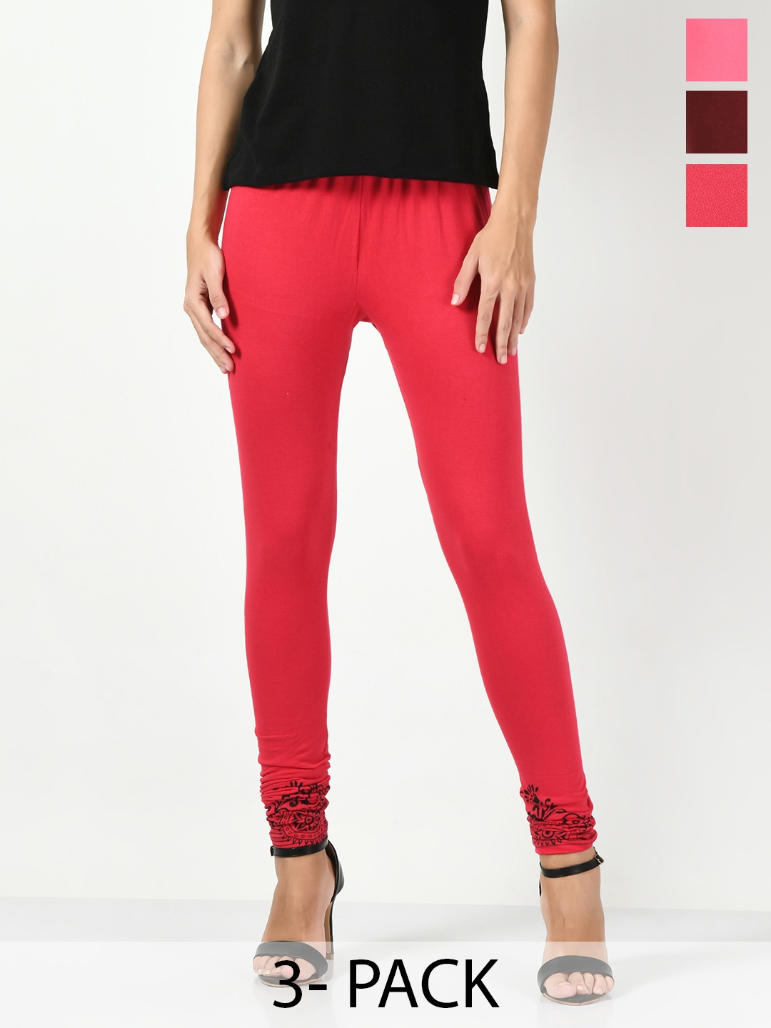 

BAESD Pack Of 3 Printed Cotton Lycra Slim Fit Churidar Length Leggings, Red