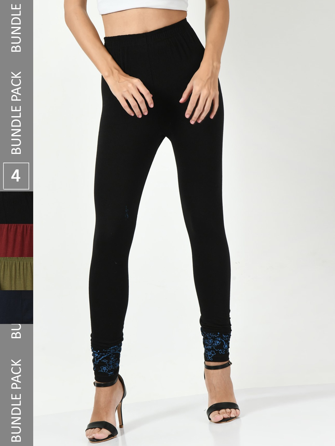 

BAESD Pack Of 4 Printed Churidar length Leggings, Black