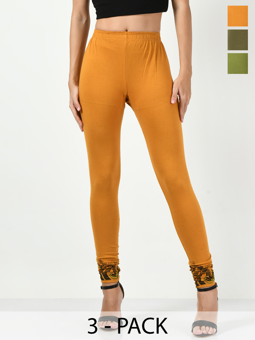 

BAESD Pack Of 3 Printed Slim-Fit Churidar-Length Leggings, Green