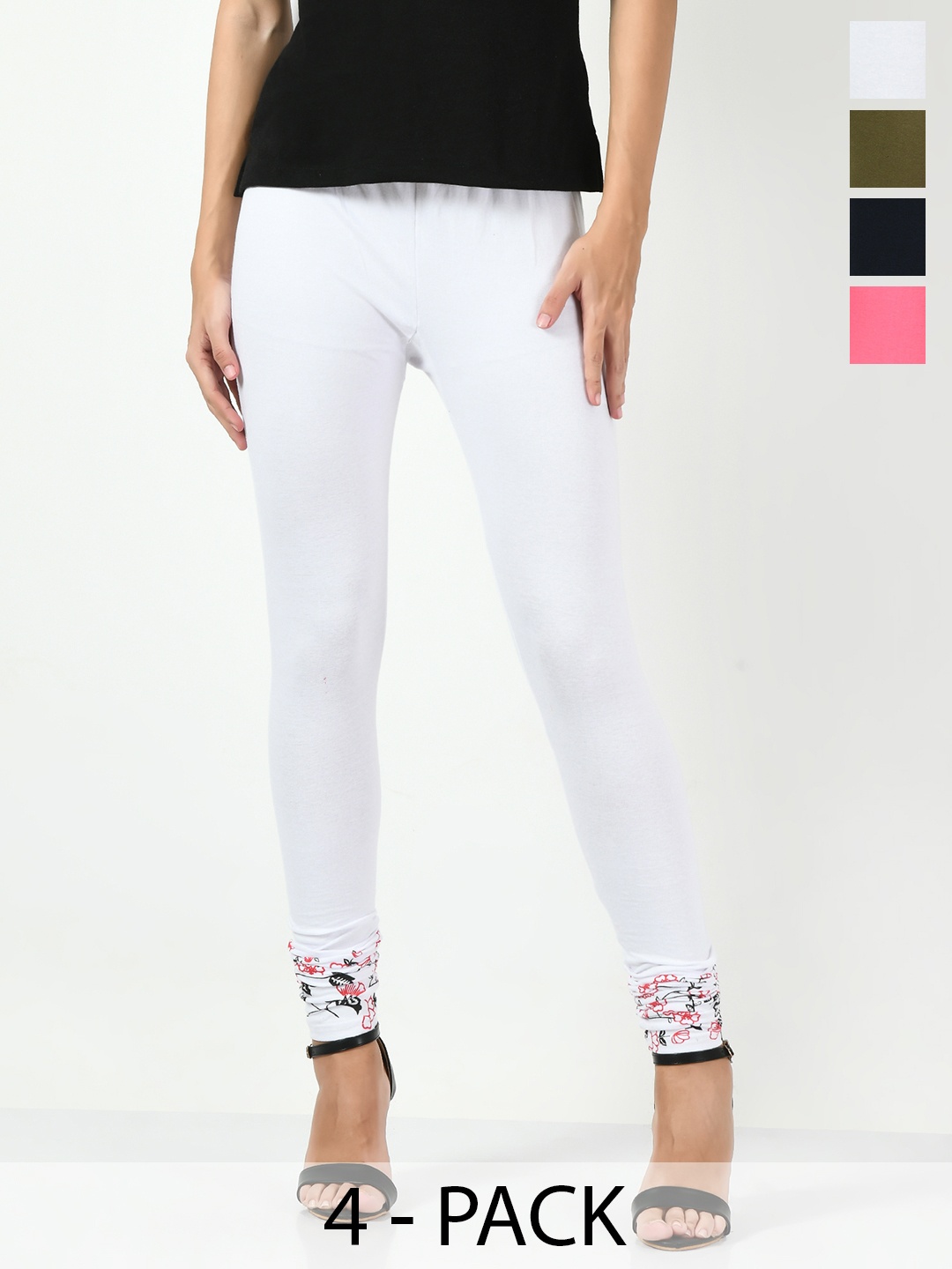 

BAESD Pack Of 4 Printed Hem Detail Slim-Fit Churidar-Length Cotton Leggings, White