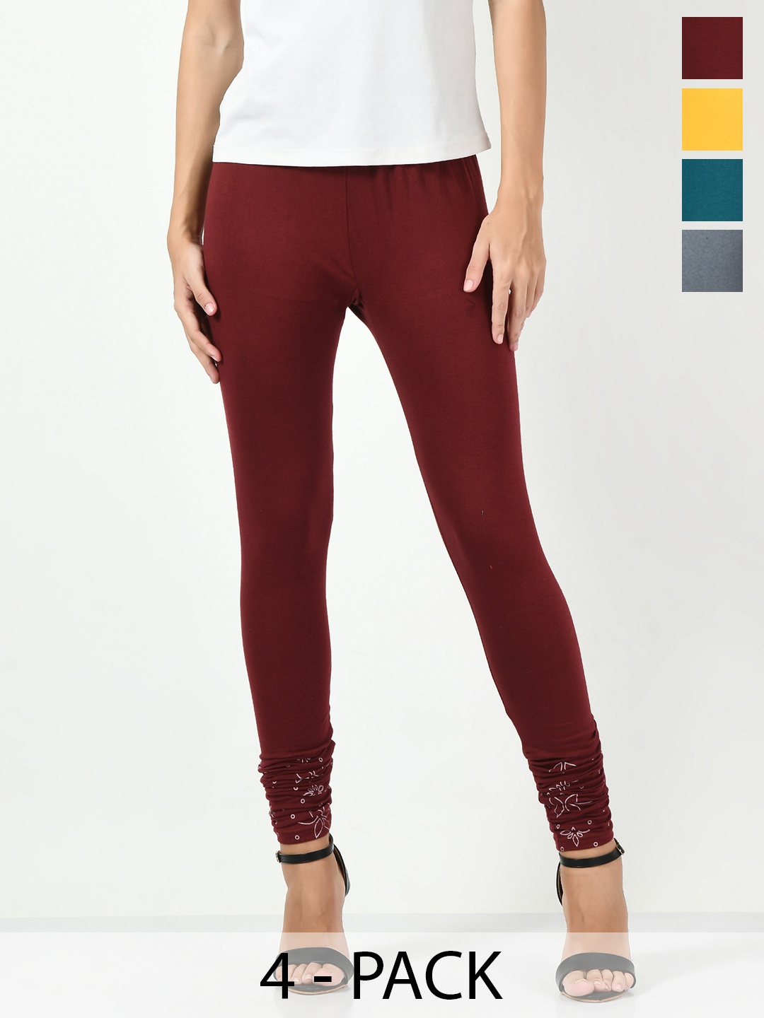 

BAESD Pack Of 4 Slim-Fit Churidar-Length Leggings, Maroon