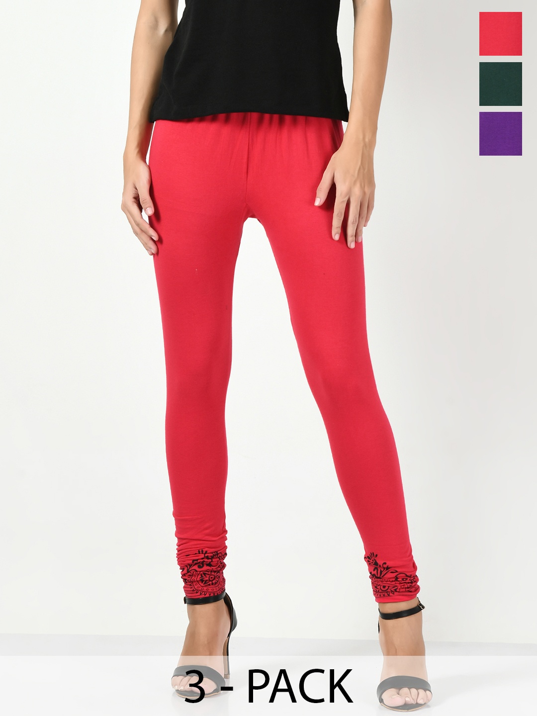 

BAESD Women Pack Of 3 Churidar-Length Leggings, Red