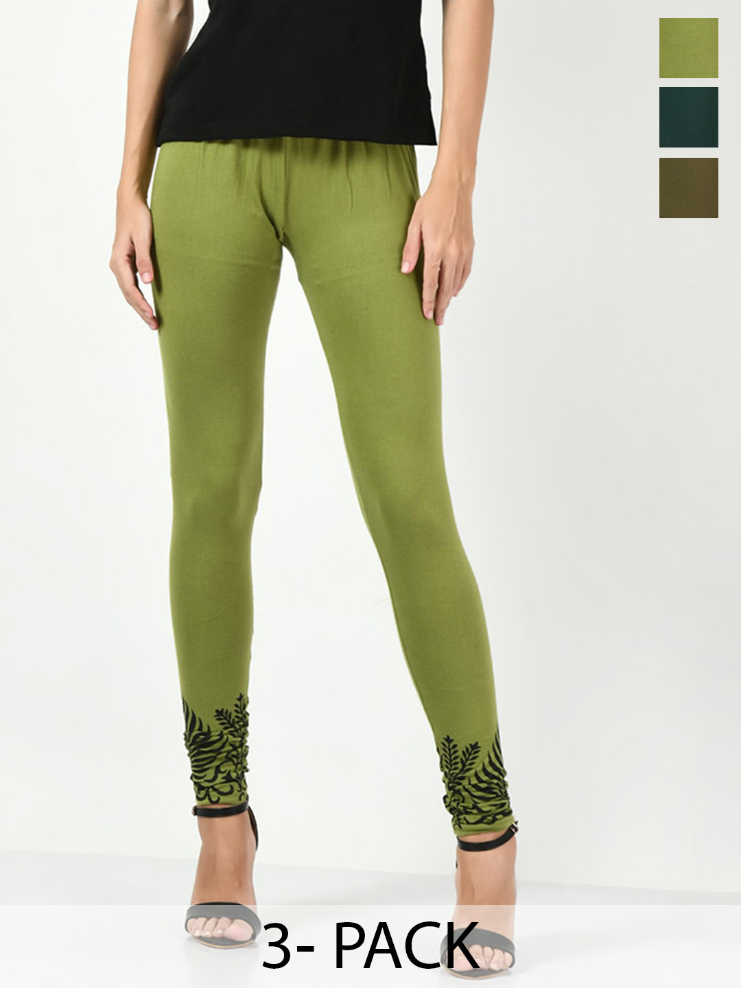 

BAESD Pack Of 3 Printed Churidar length Leggings, Green