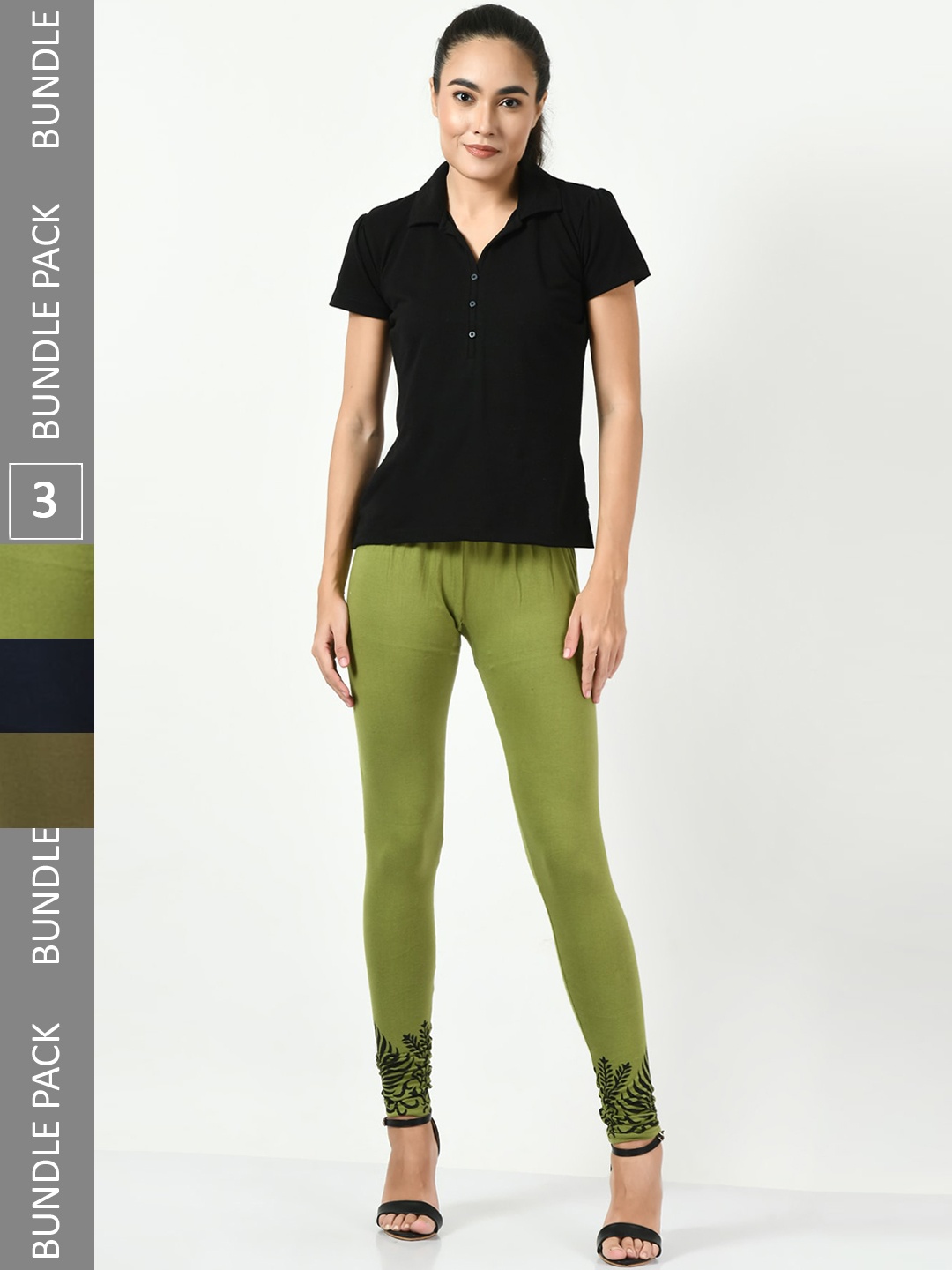

BAESD Pack Of 3 Slim-Fit Soft & Comfortable Churidar-Length Cotton Lycra Leggings, Green