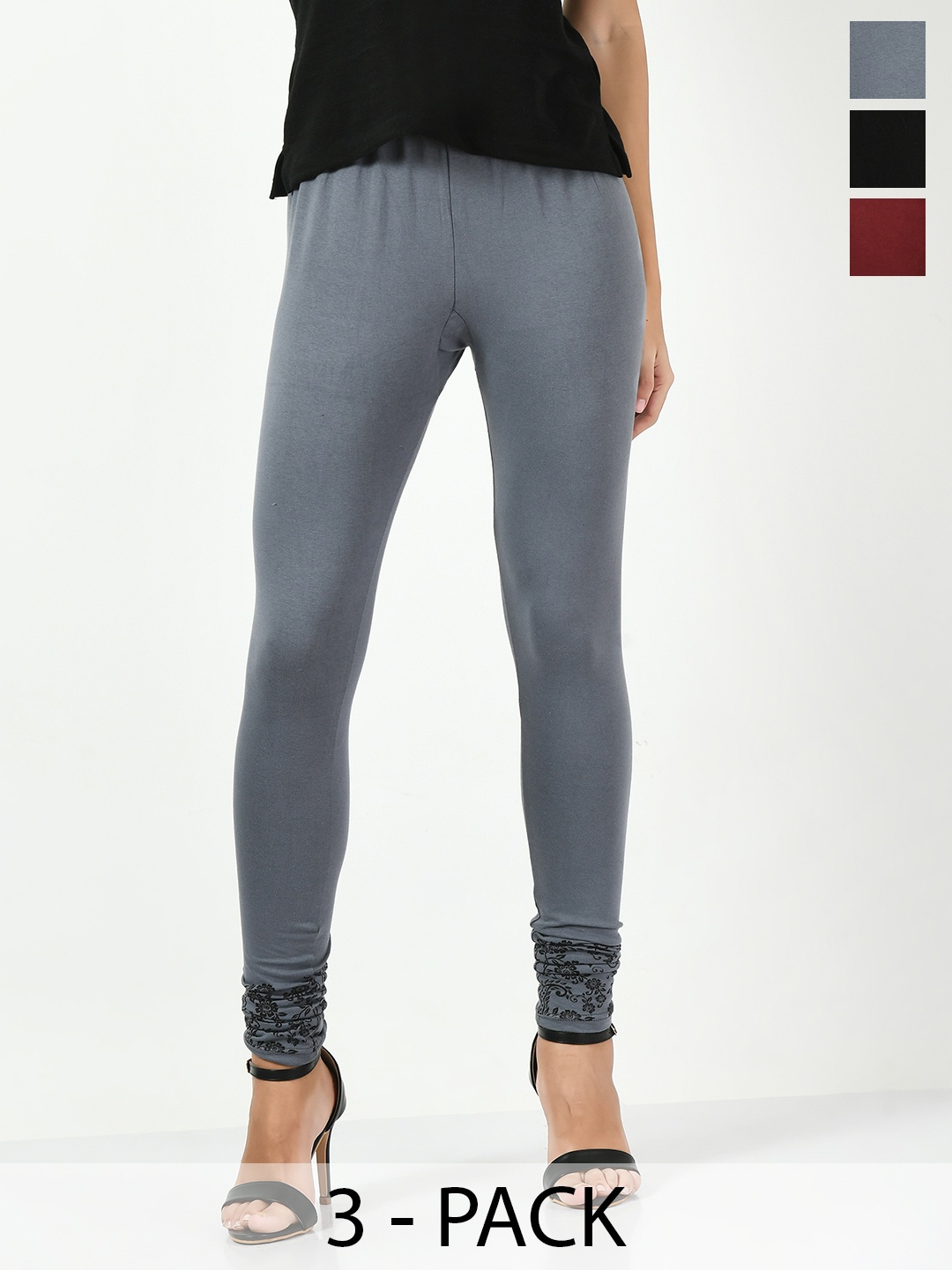 

BAESD Pack Of 3 Printed Slim-Fit Churidar-Length Leggings, Grey