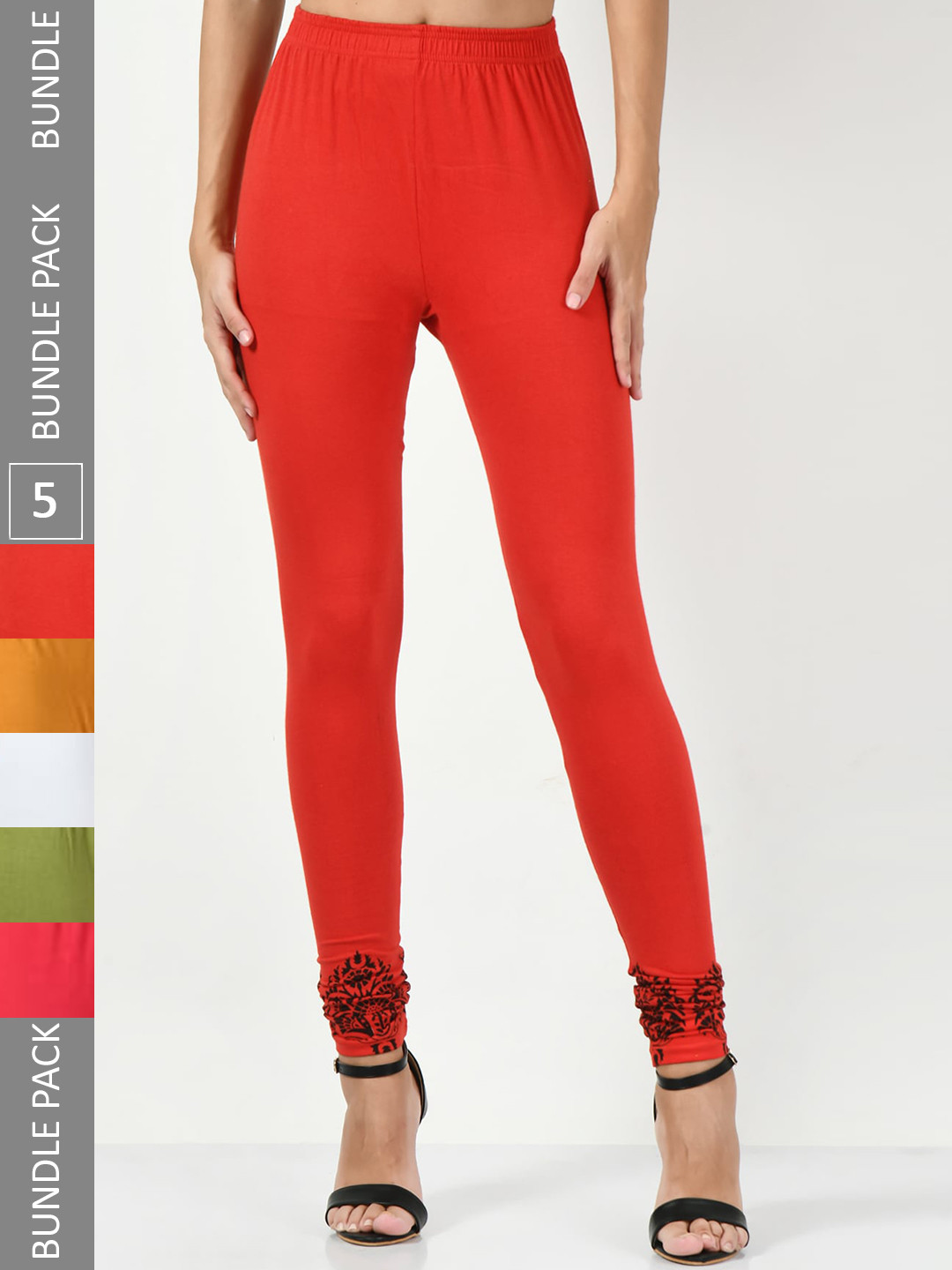 

BAESD Pack Of 5 Printed Slim-Fit Churidar-Length Leggings, Red