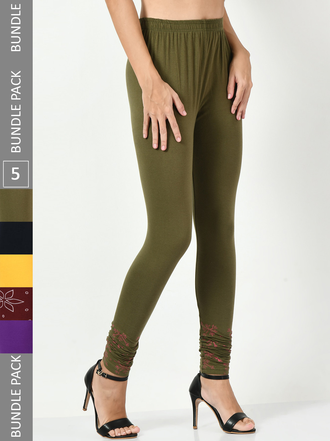 

BAESD Pack Of 5 Printed Churidar Length Leggings, Green