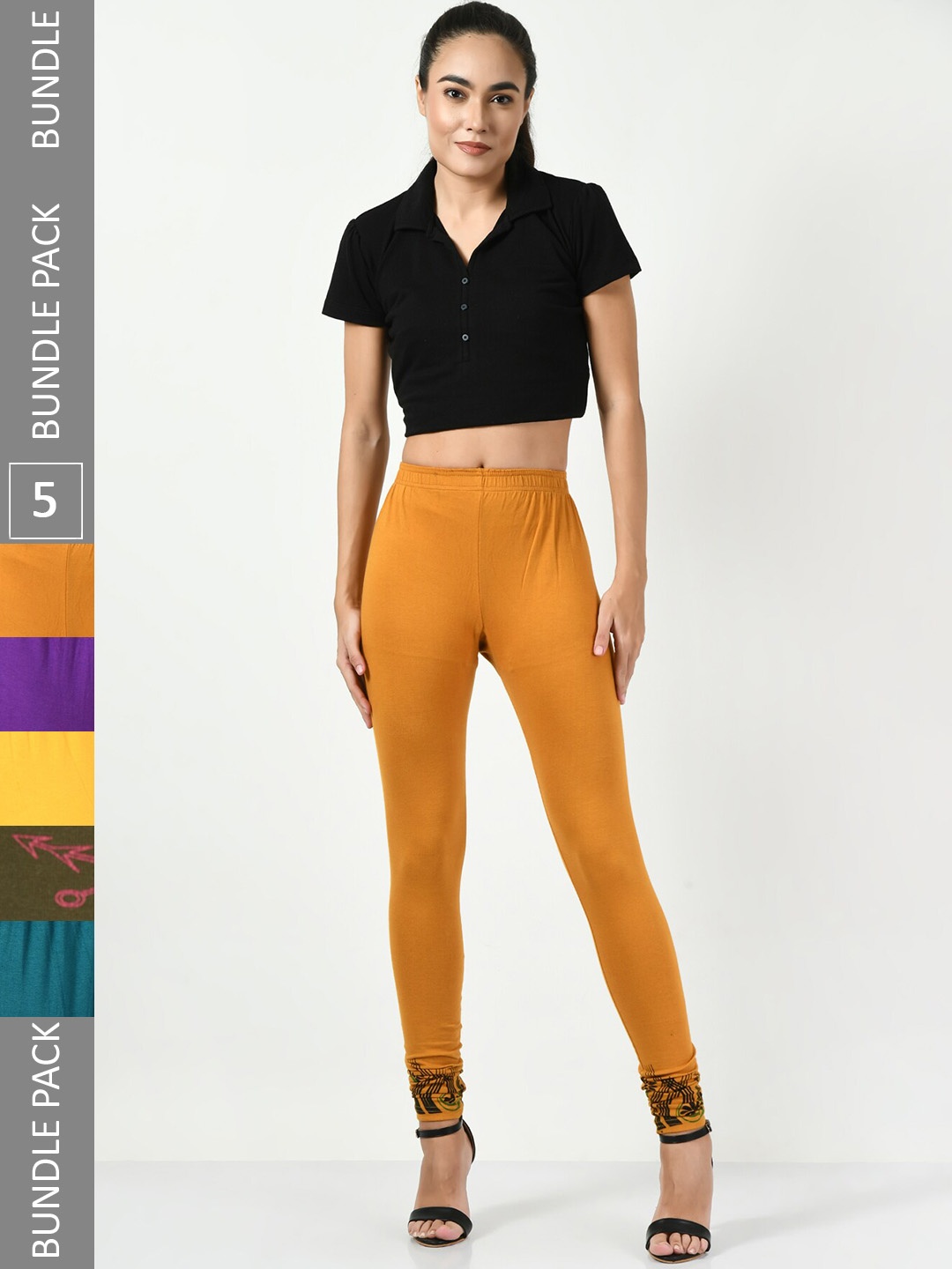 

BAESD Pack Of 5 Slim Fit Churidar-Length Cotton Lycra Leggings, Yellow