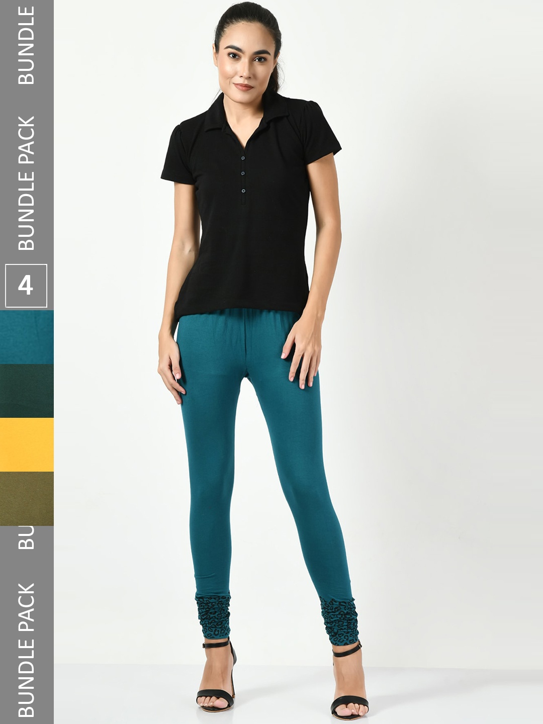 

BAESD Pack Of 4 Printed Cotton Lycra Churidar-Length Leggings, Teal