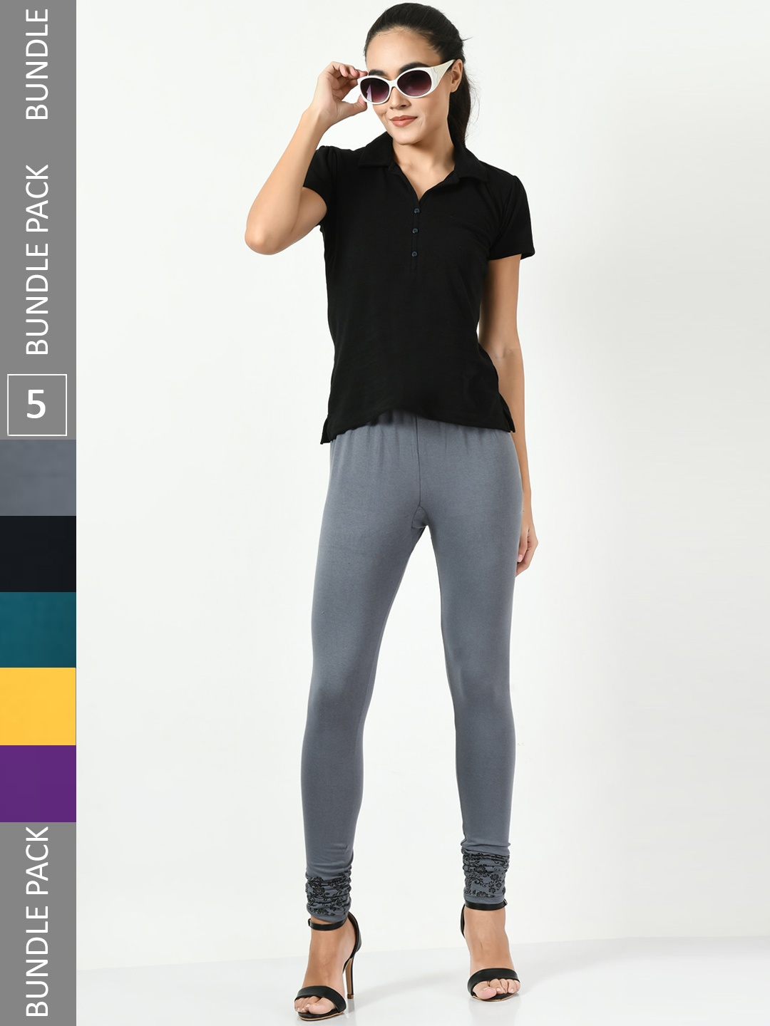 

BAESD Pack Of 5 Soft Cotton Lycra Slim-Fit Churidar-Length Leggings, Black
