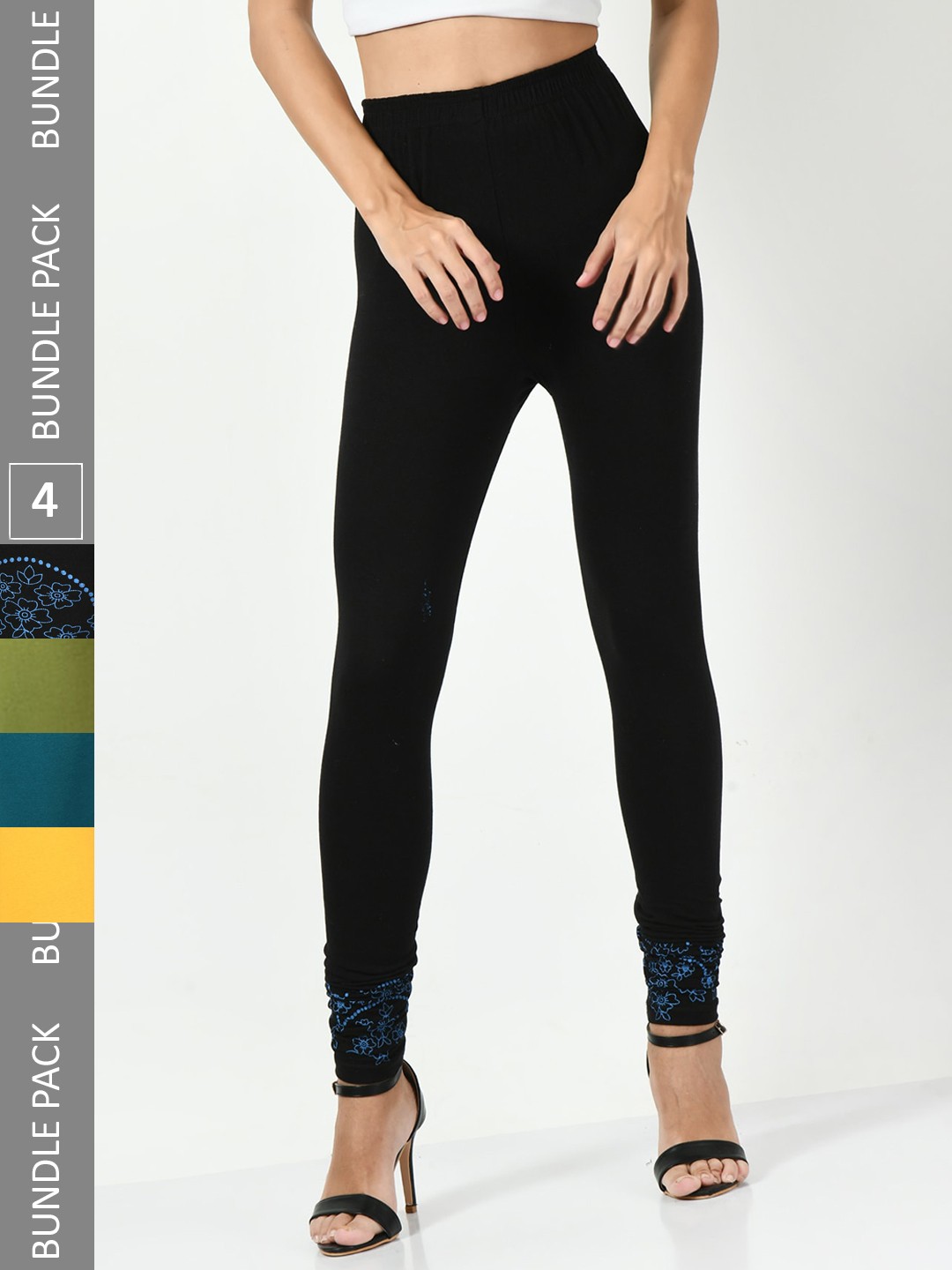 

BAESD Pack Of 4 Printed Cotton Lycra Churidar-Length Leggings, Black