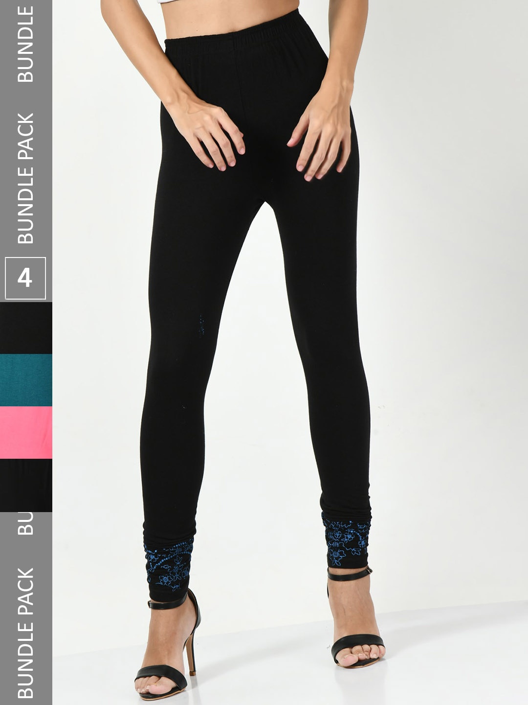 

BAESD Pack Of 4 Printed Slim-Fit Churidar-Length Leggings, Black