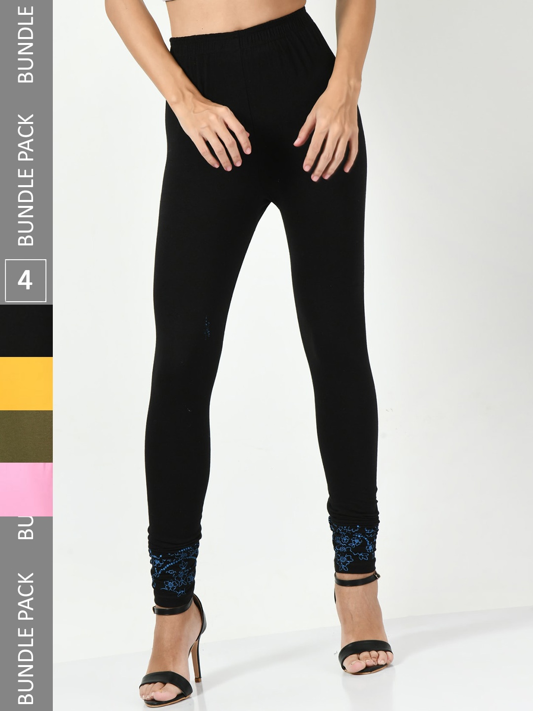 

BAESD Pack Of 4 Slim-Fit Churidar-Length Cotton Lycra Leggings, Black