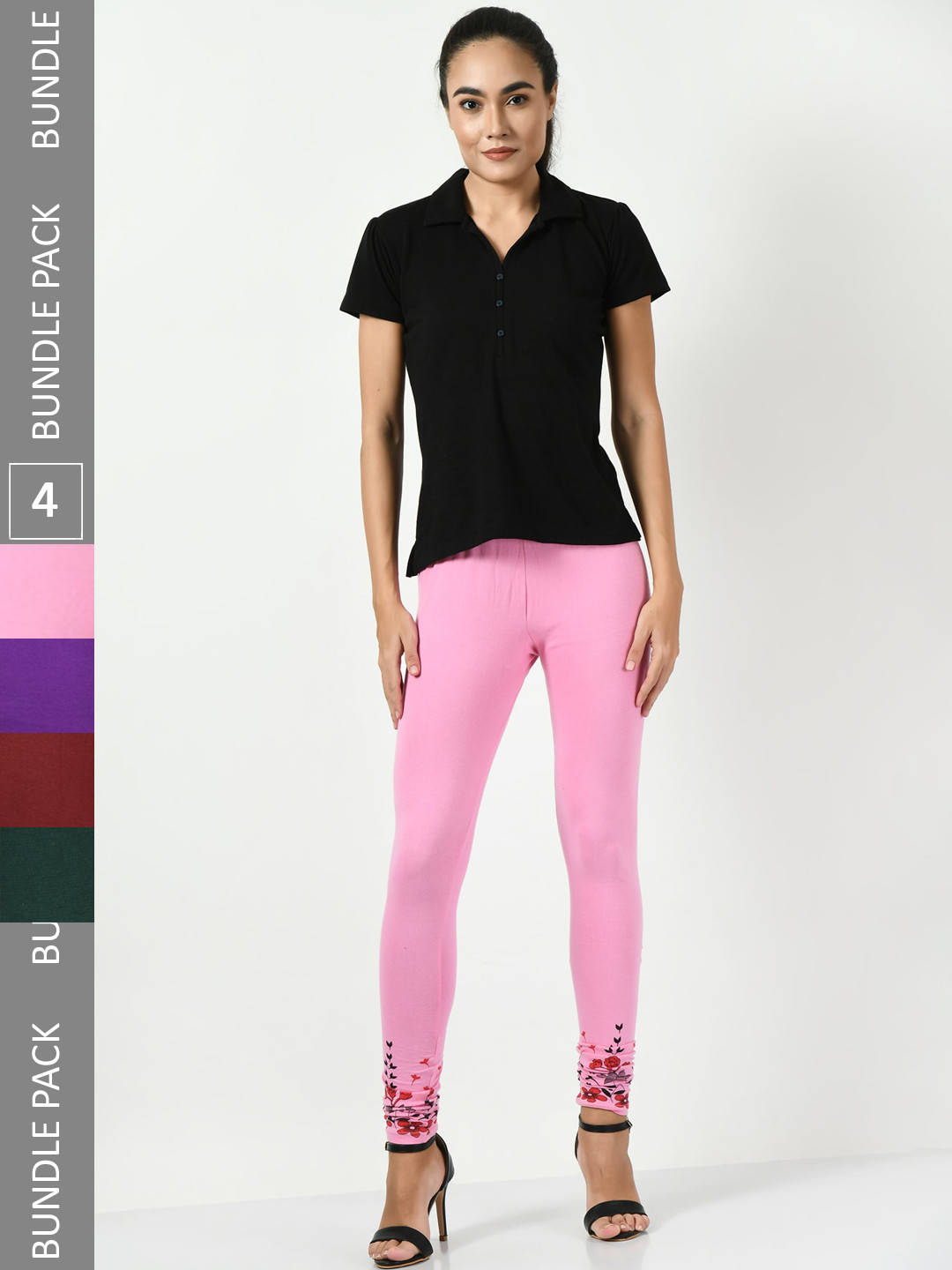 

BAESD Women Pack Of 4 Slim-Fit Churidar-Length Cotton Lycra Leggings, Pink