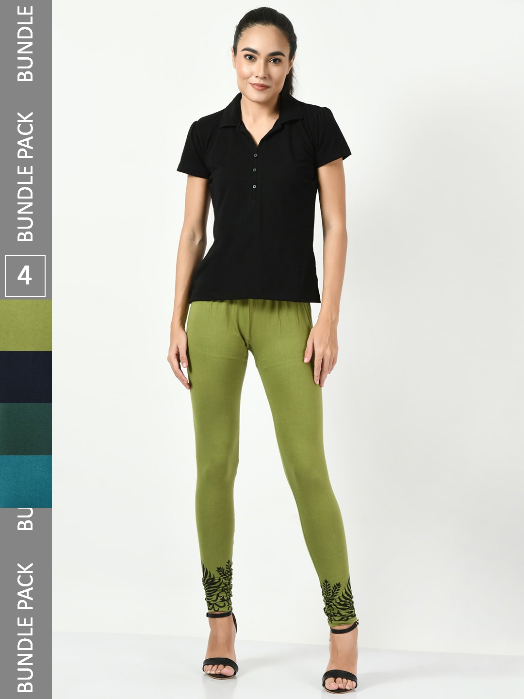 

BAESD Pack Of 4 Slim-Fit Churidar-Length Leggings, Olive