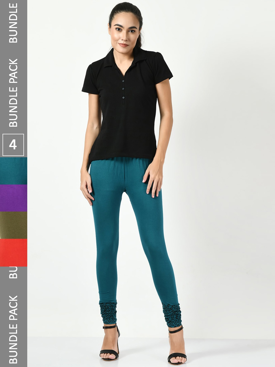 

BAESD Pack Of 5 Bottom Printed Churidar Length Leggings, Teal