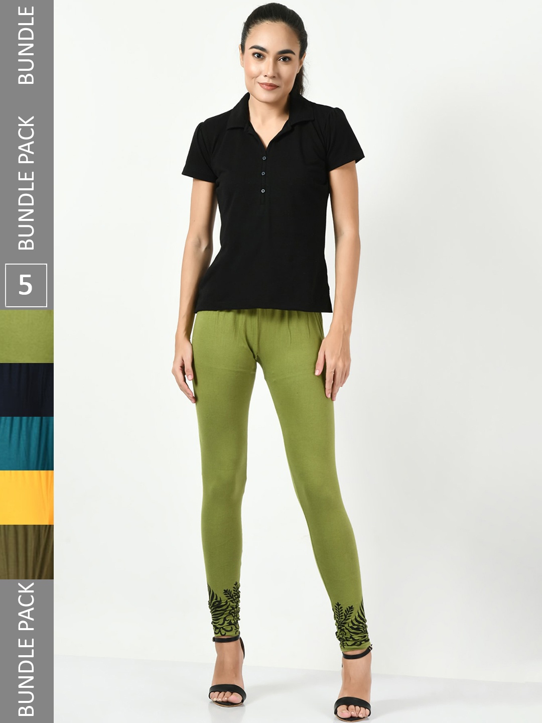 

BAESD Pack Of 5 Printed Slim-Fit Soft Churidar-Length Leggings, Green