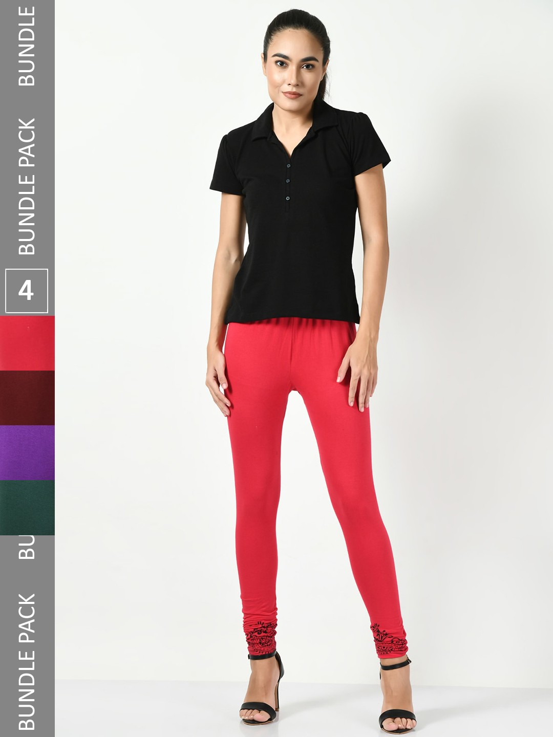 

BAESD Pack Of 4 Soft Cotton Lycra Slim-Fit Churidar-Length Leggings, Red