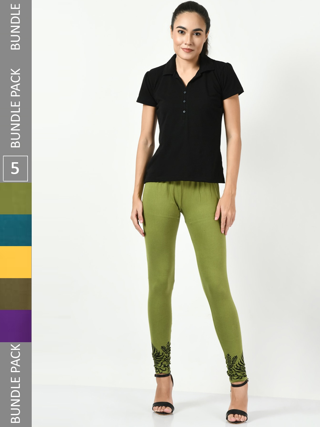 

BAESD Pack Of 5 Slim-Fit Churidar-Length Leggings, Green