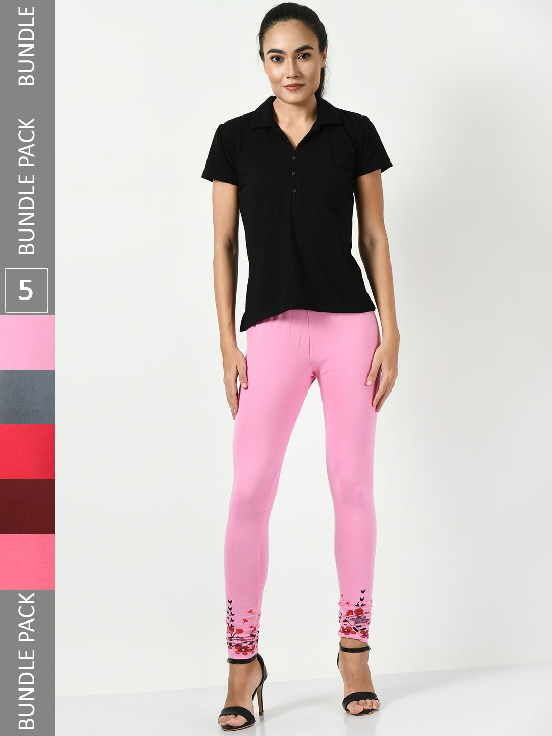 

BAESD Pack Of 5 Printed Slim-Fit Soft Churidar-Length Leggings, Pink