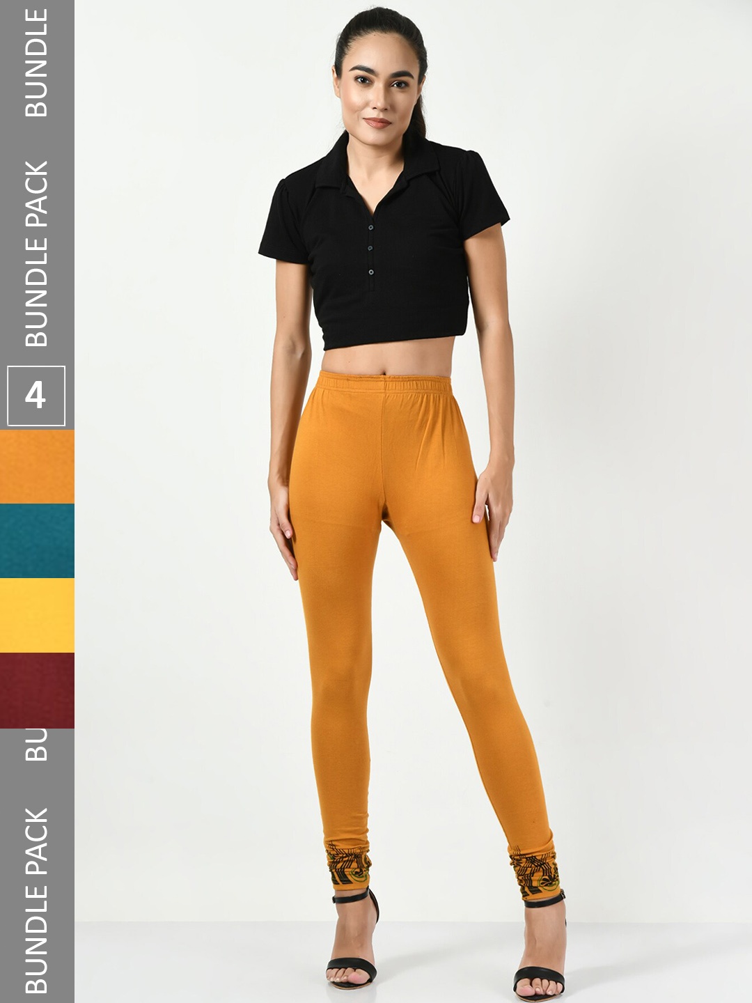 

BAESD Women Pack Of 4 Slim-Fit Churidar-Length Leggings, Mustard