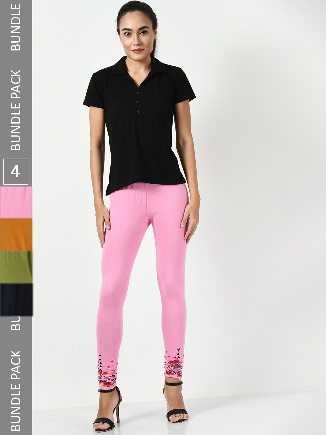 

BAESD Pack Of 4 Printed Slim-Fit Churidar-Length Leggings, Pink