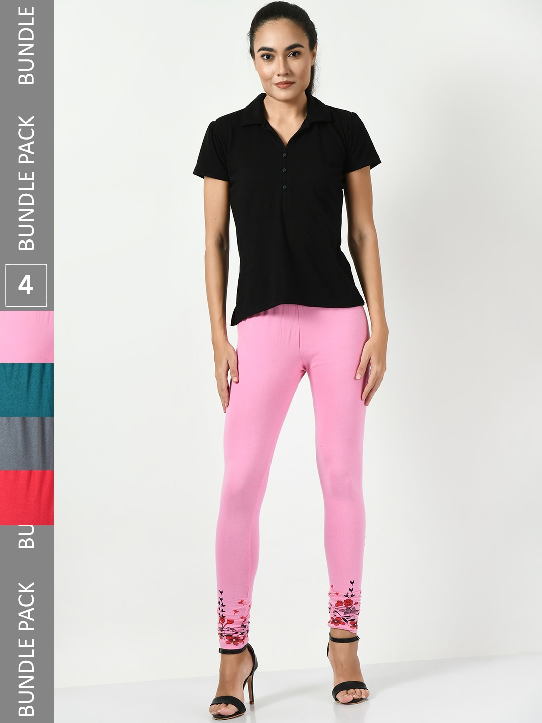 

BAESD Pack Of 4 Printed Slim-Fit Cotton Lycra Churidar-Length Leggings, Pink