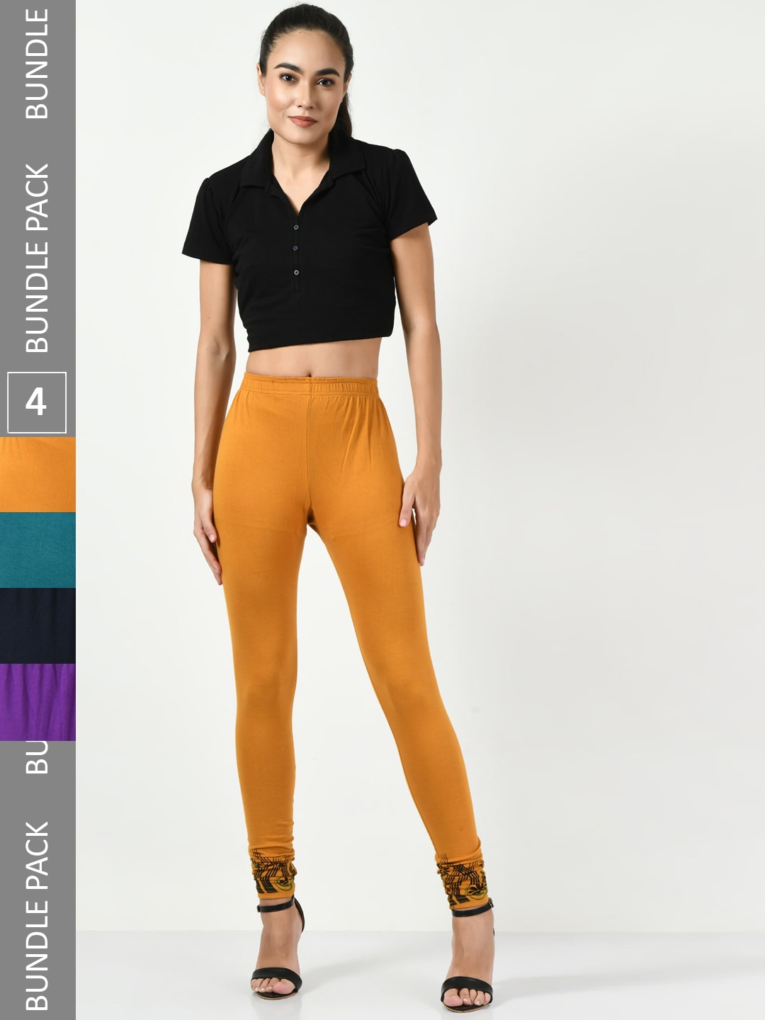

BAESD Pack Of 4 Printed Slim-Fit Churidar-Length Leggings, Mustard