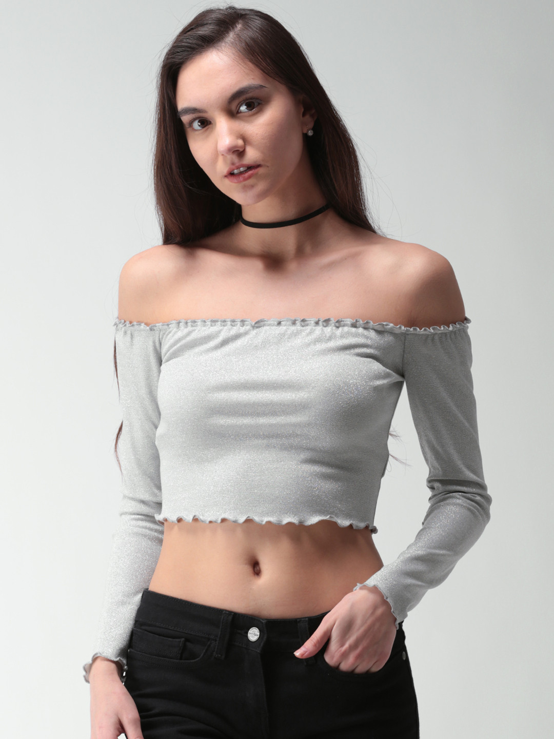 

FOREVER 21 Women Silver-Toned Solid Bardot Top