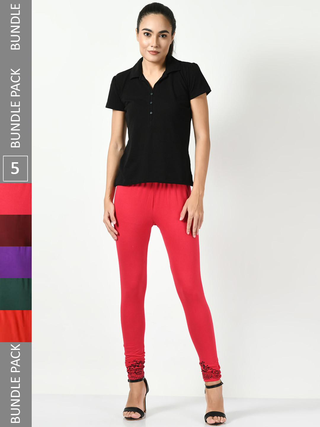 

BAESD Pack Of 5 Printed Slim-Fit Churidar-Length Leggings, Peach