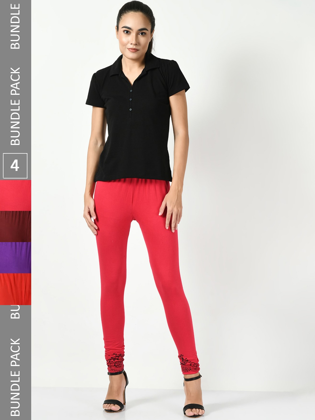 

BAESD Pack Of 4 Slim-Fit Churidar-Length Cotton Lycra Leggings, Red