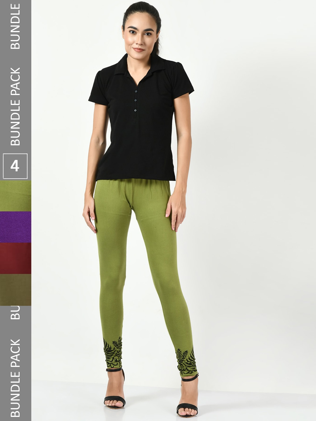 

BAESD Pack Of 4 Bottom Printed Slim-Fit Cotton Lycra Churidar Length Leggings, Green
