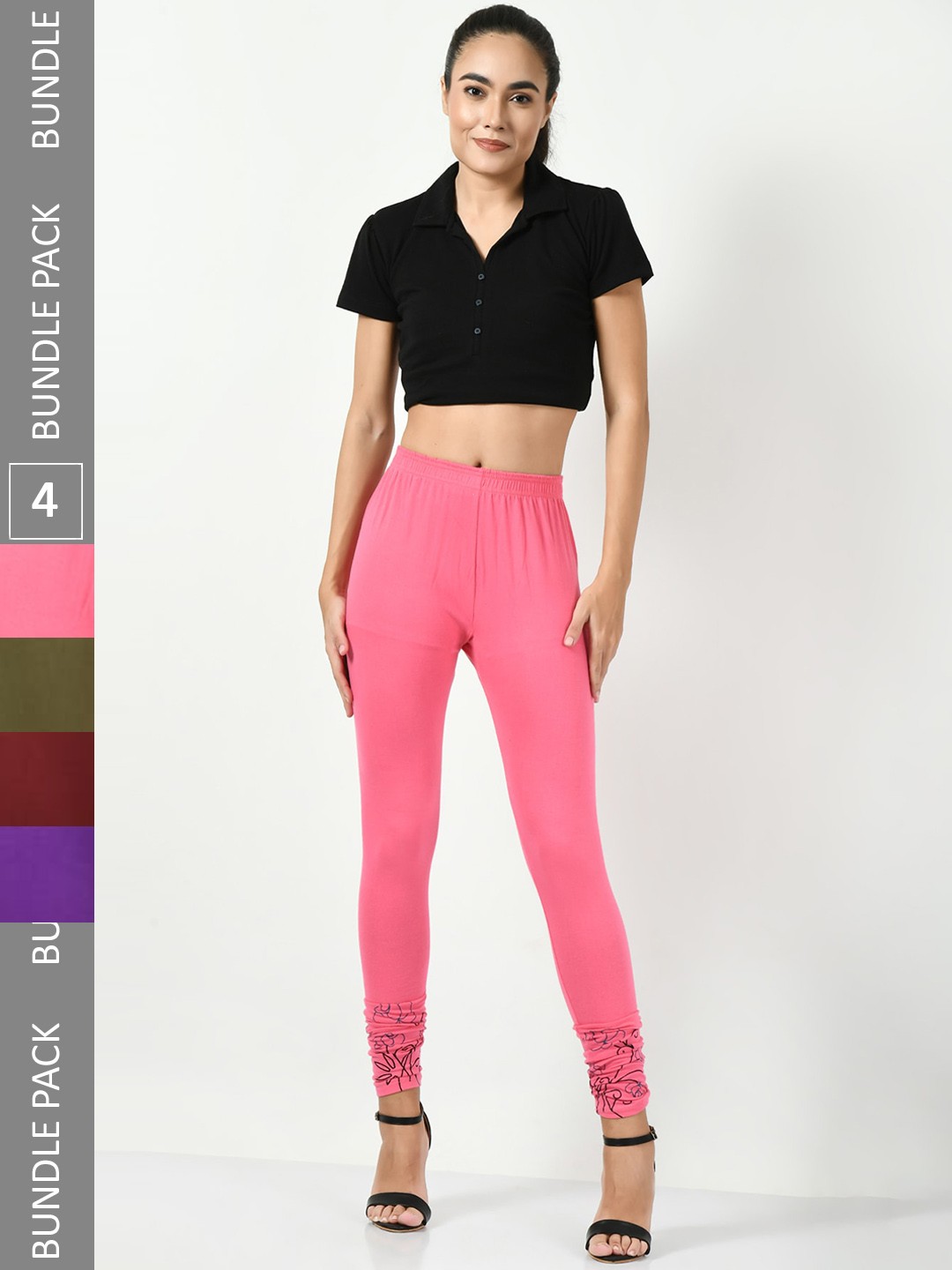 

BAESD Pack Of 4 Soft Cotton Lycra Slim-Fit Churidar-Length Leggings, Pink