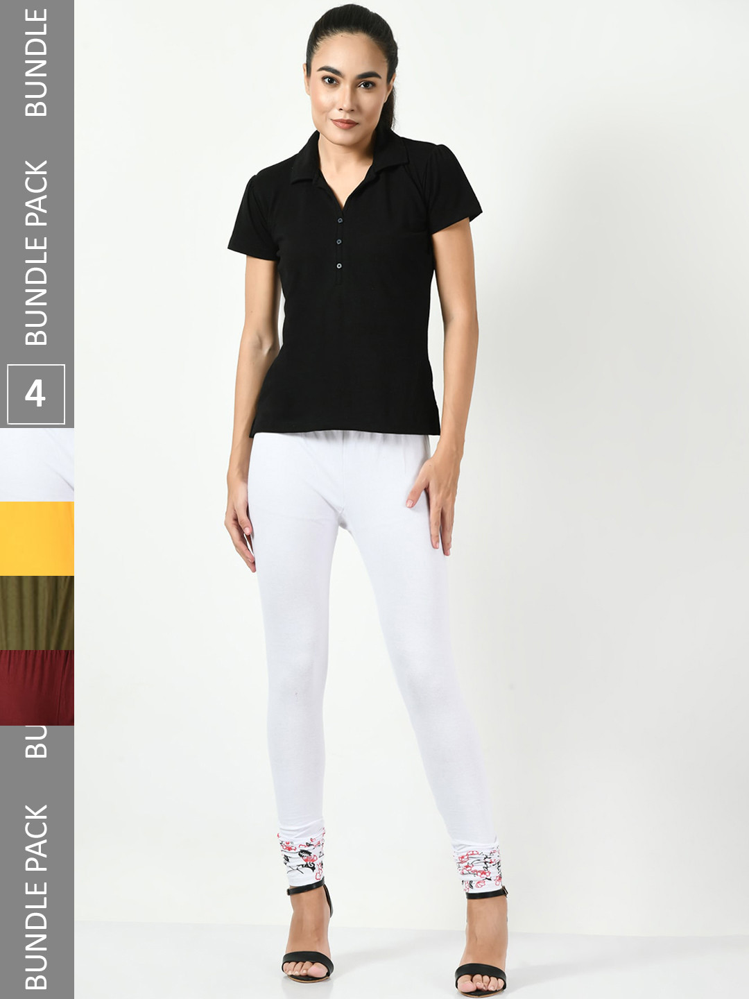 

BAESD Pack Of 4 Slim-Fit Printed Churidar-Length Cotton Lycra Leggings, White